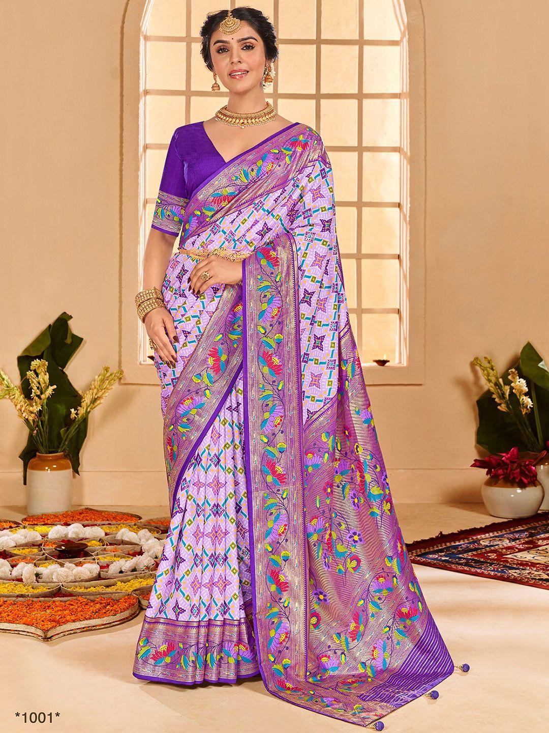 mitera lavender & blue ethnic motifs zari silk cotton saree