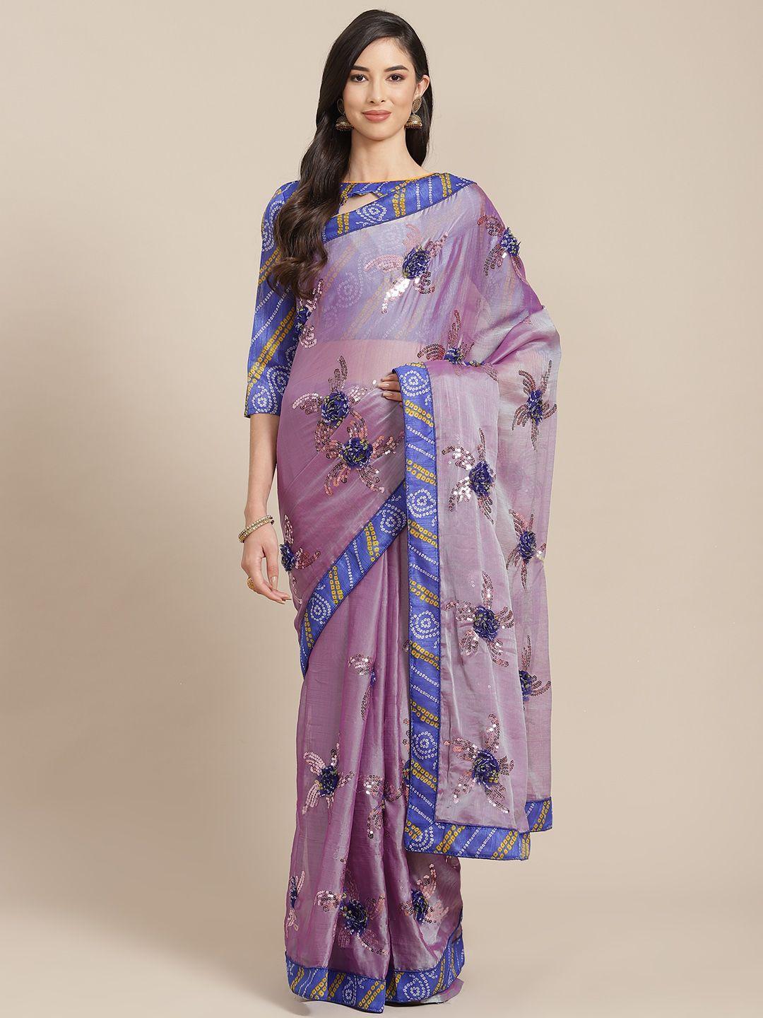 mitera lavender & blue floral poly chiffon sequinned saree