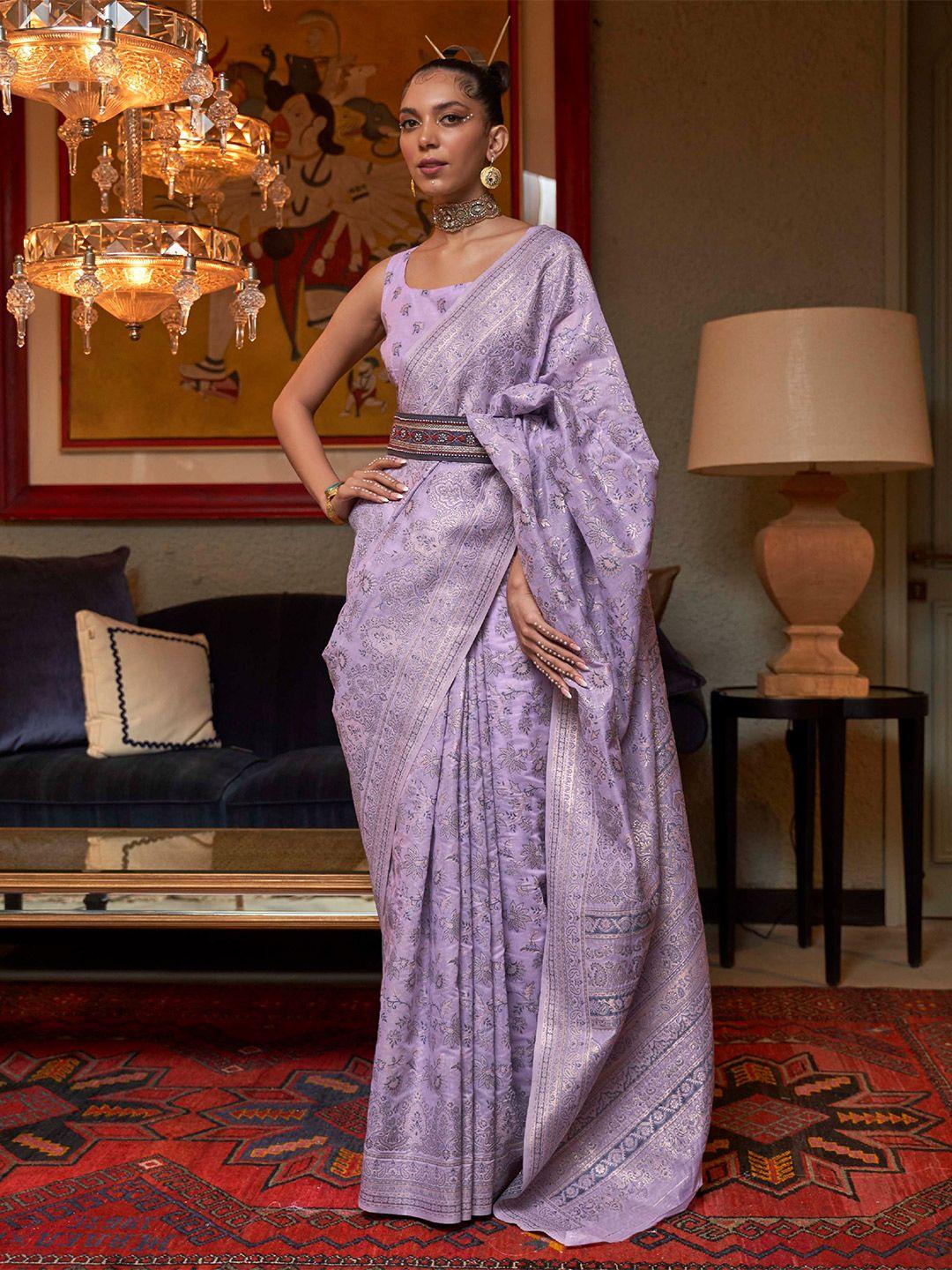 mitera lavender & gold toned ethnic motifs woven design zari saree