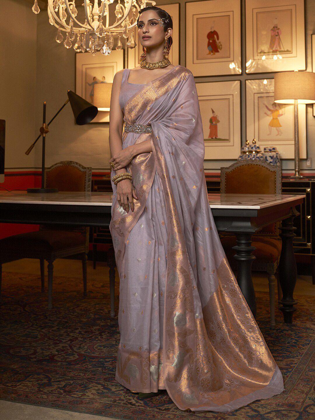 mitera lavender & gold-toned ethnic motifs zari silk blend banarasi saree