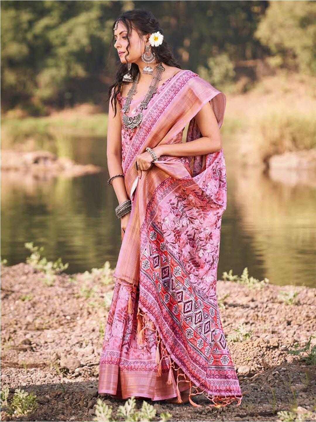 mitera lavender & gold-toned floral printed zari saree