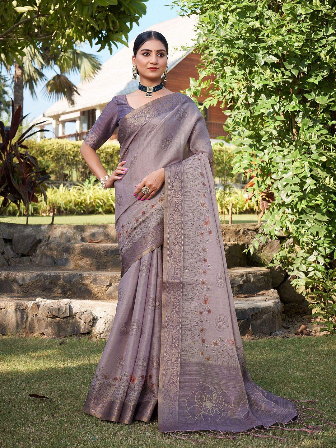 mitera lavender & gold-toned floral printed zari silk cotton banarasi saree