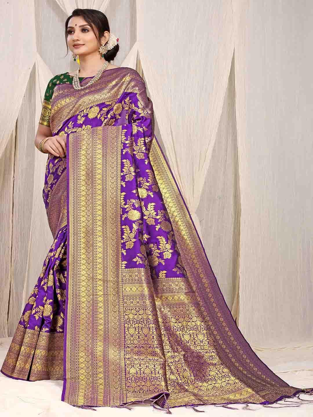 mitera lavender & gold-toned floral woven design zari saree