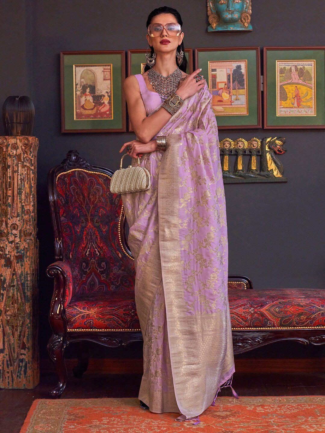 mitera lavender & gold-toned woven design zari silk blend banarasi saree