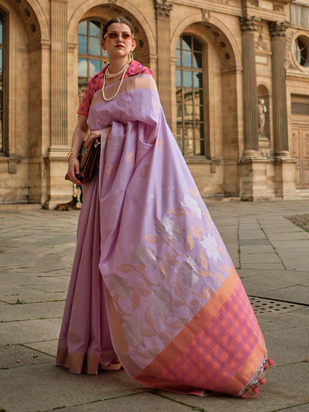 mitera lavender & pink floral woven design zari pure silk banarasi saree