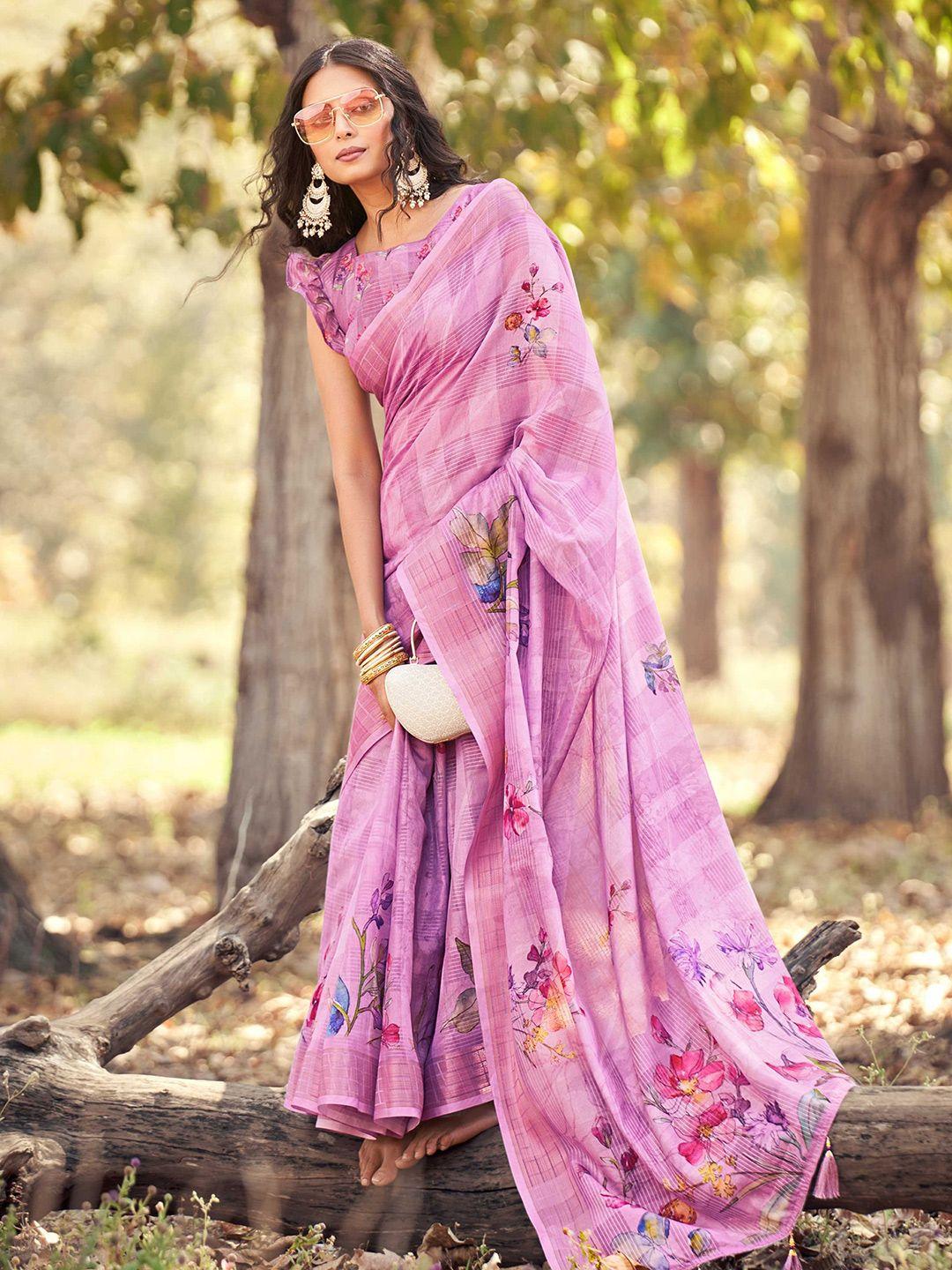 mitera lavender & red floral zari pure cotton designer saree