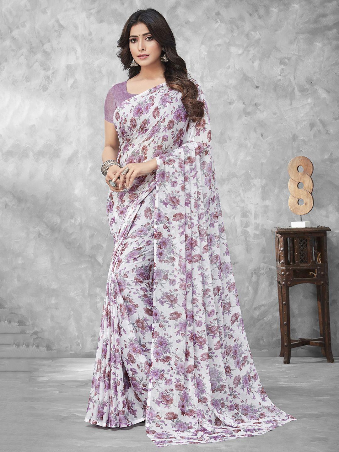 mitera lavender & white floral printed saree