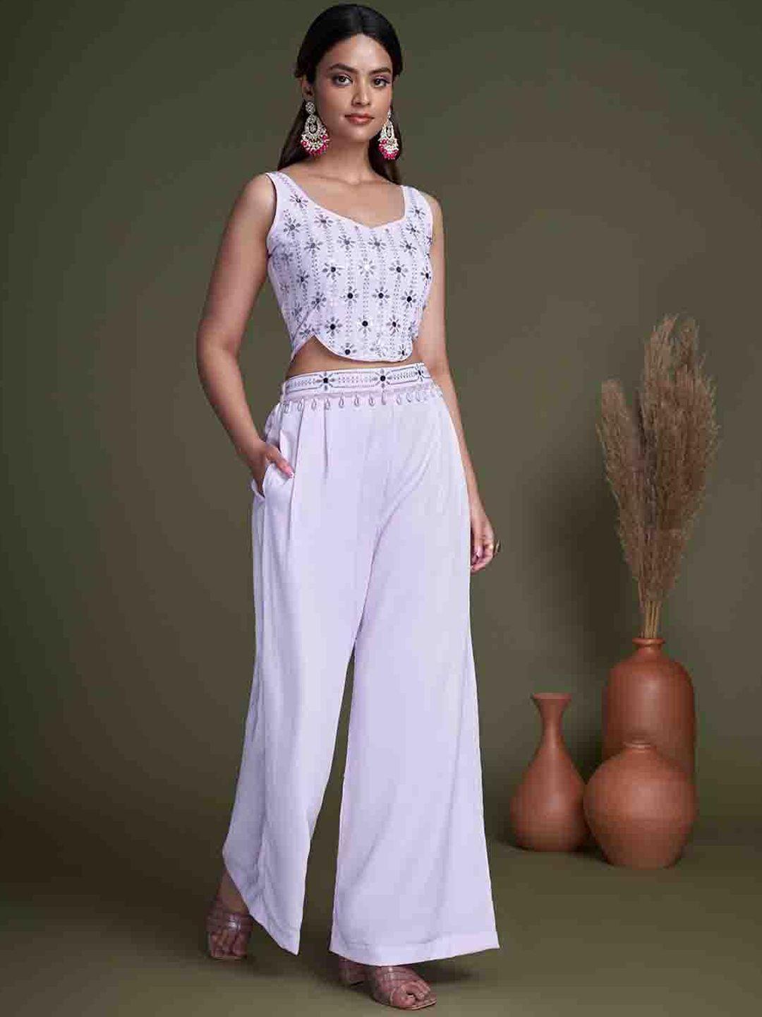 mitera lavender embroidered top with palazzo & with shrug