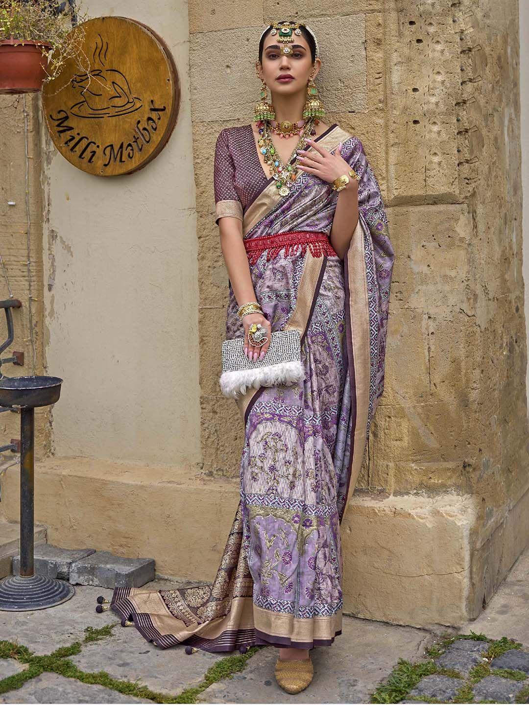 mitera lavender ethnic motifs printed zari saree