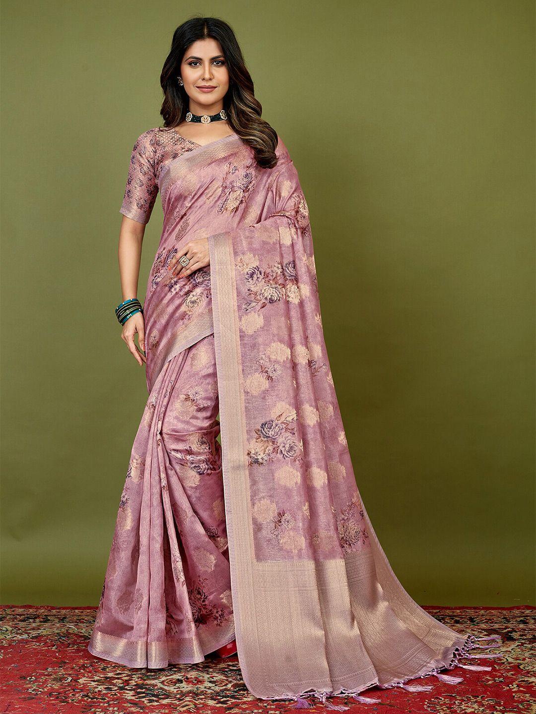 mitera lavender floral printed silk cotton saree