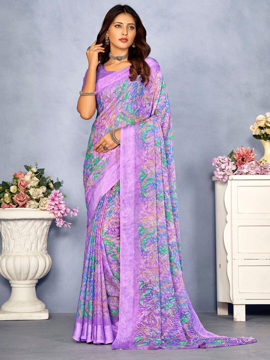 mitera lavender floral pure chiffon designer bagru saree