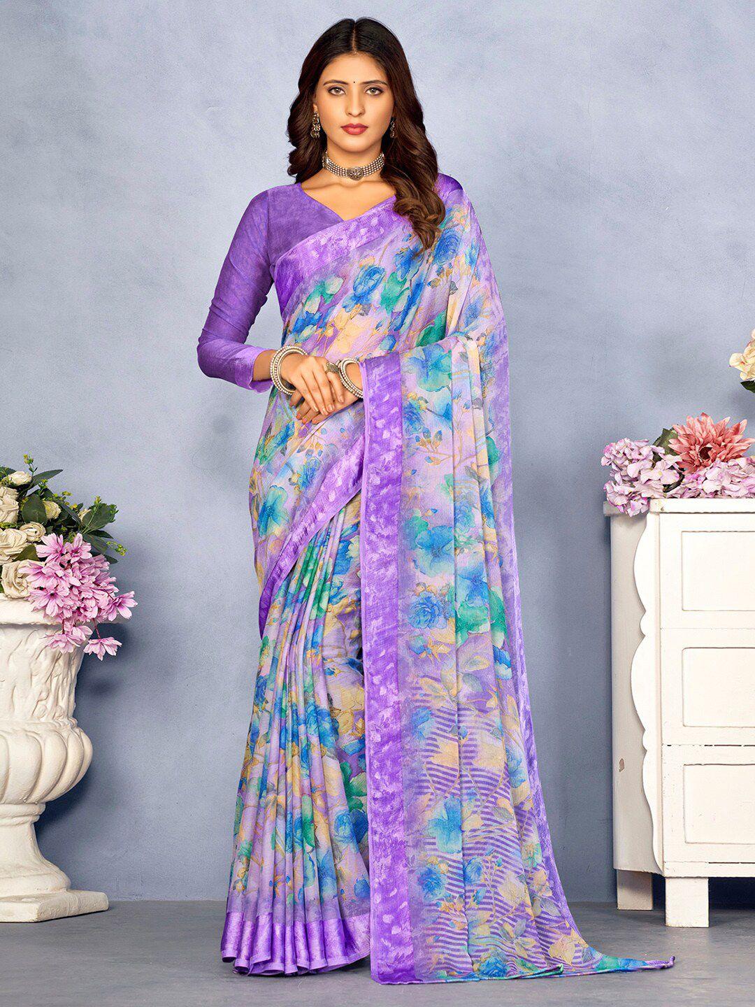 mitera lavender floral pure chiffon designer bagru saree