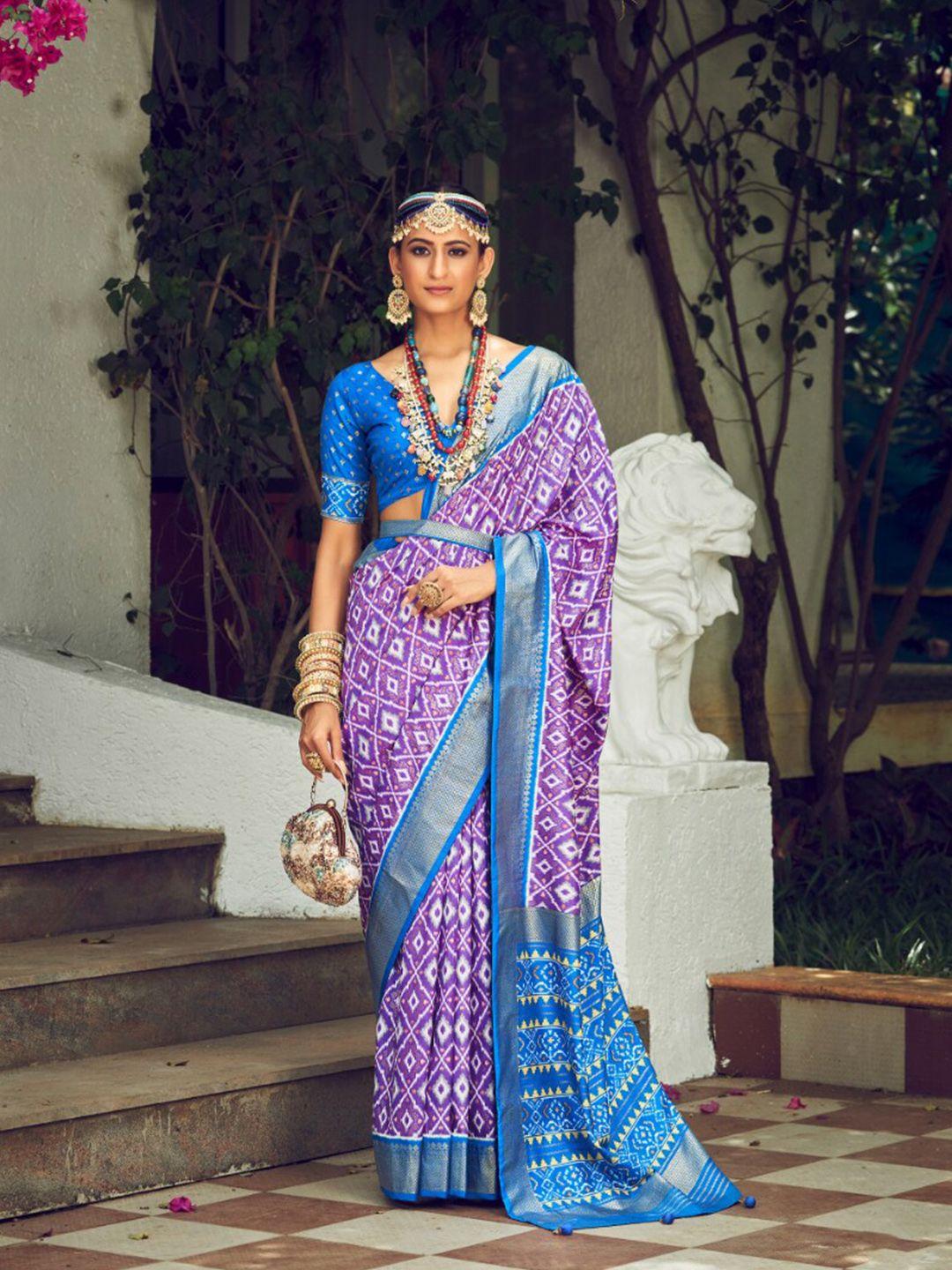 mitera lavender geometric printed zari detailed silk cotton ikat saree