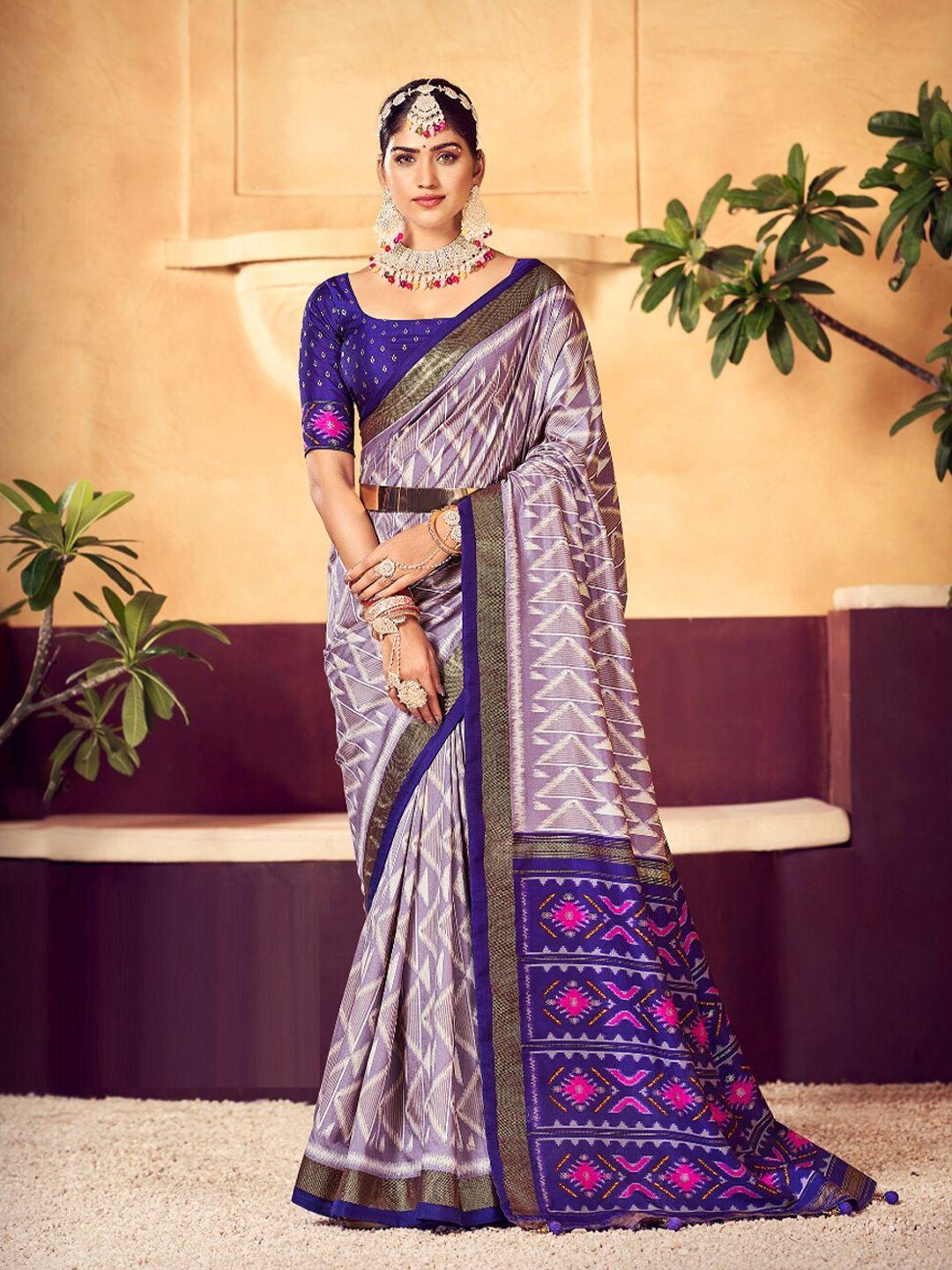 mitera lavender geometric printed zari detailed silk cotton saree