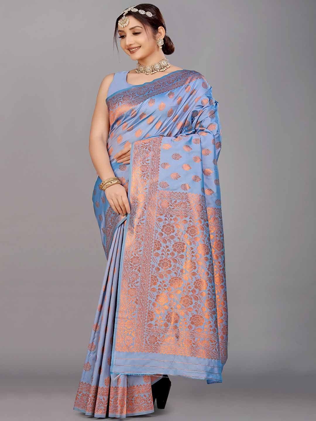 mitera light blue ethnic motifs woven design zari silk saree