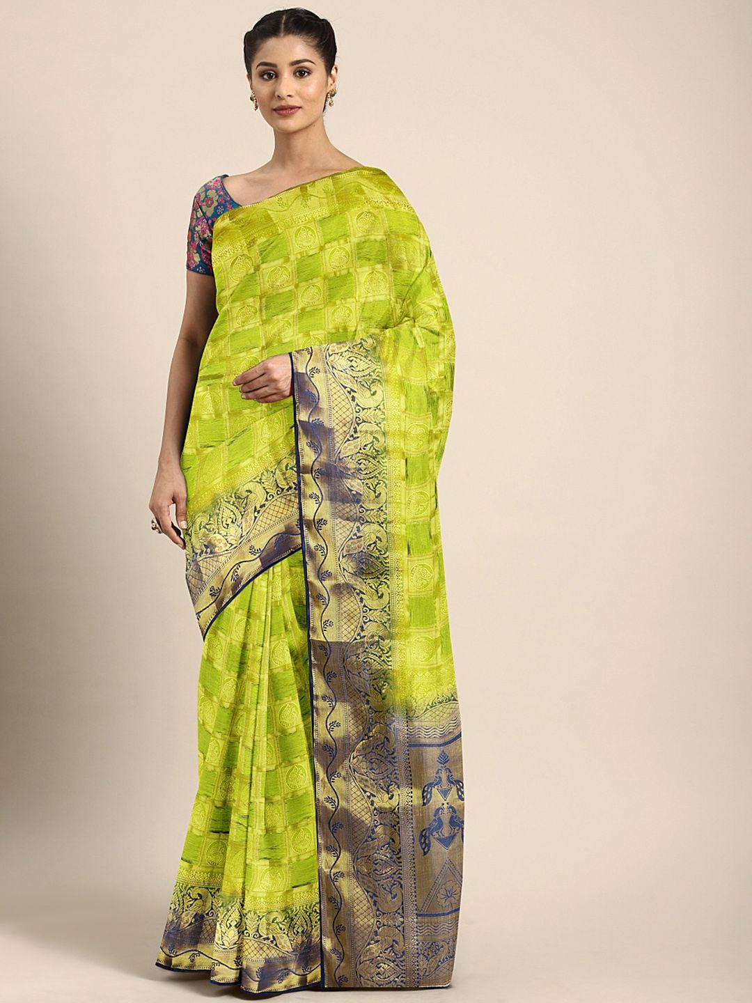 mitera lime green & gold-toned pure silk woven design banarasi saree