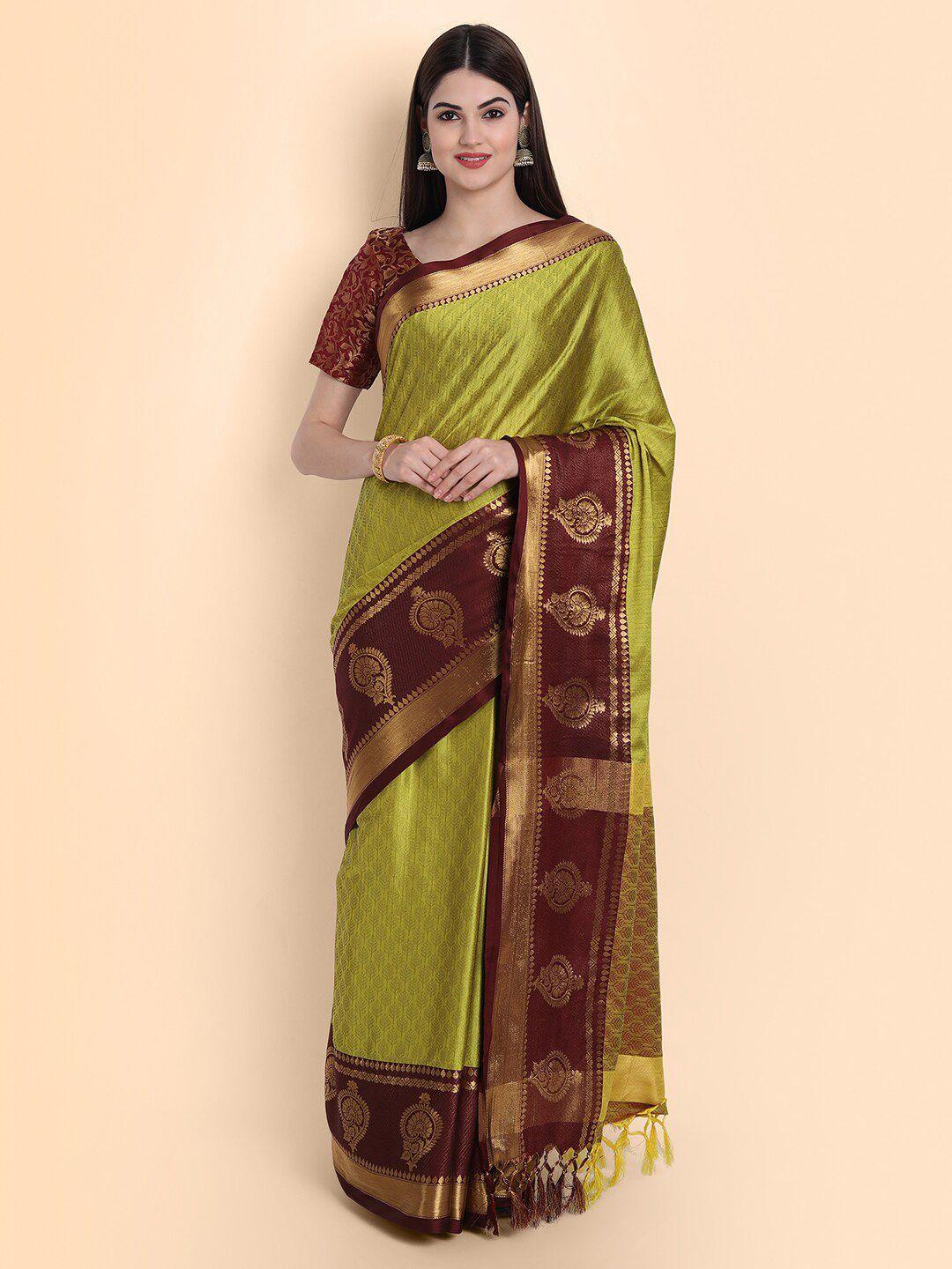 mitera lime green & maroon woven design zari silk cotton mysore silk saree