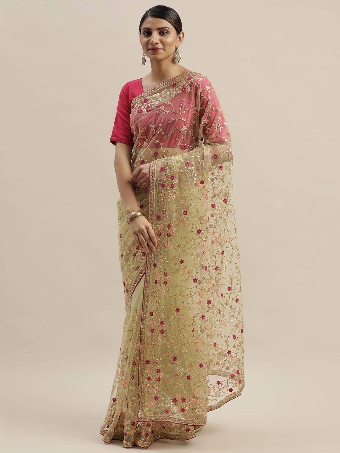 mitera lime green & pink net embellished saree