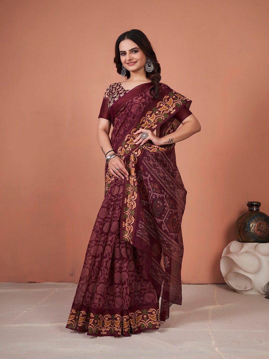 mitera magenta & beige ethnic motifs printed saree