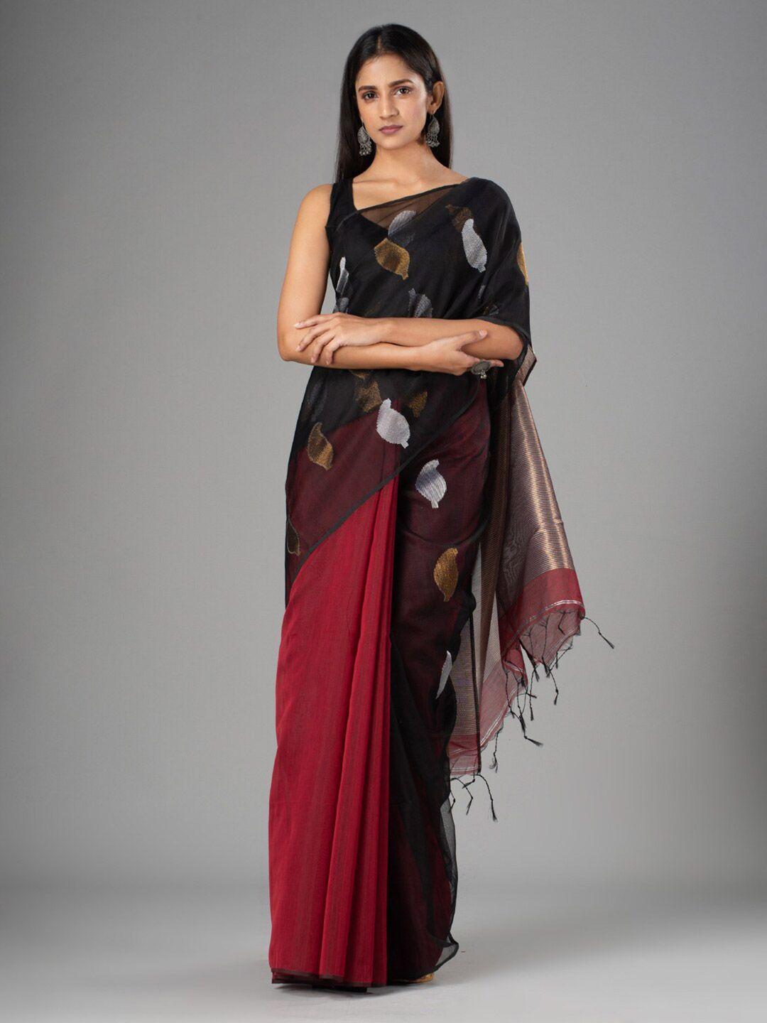 mitera magenta & black paisley silk cotton saree