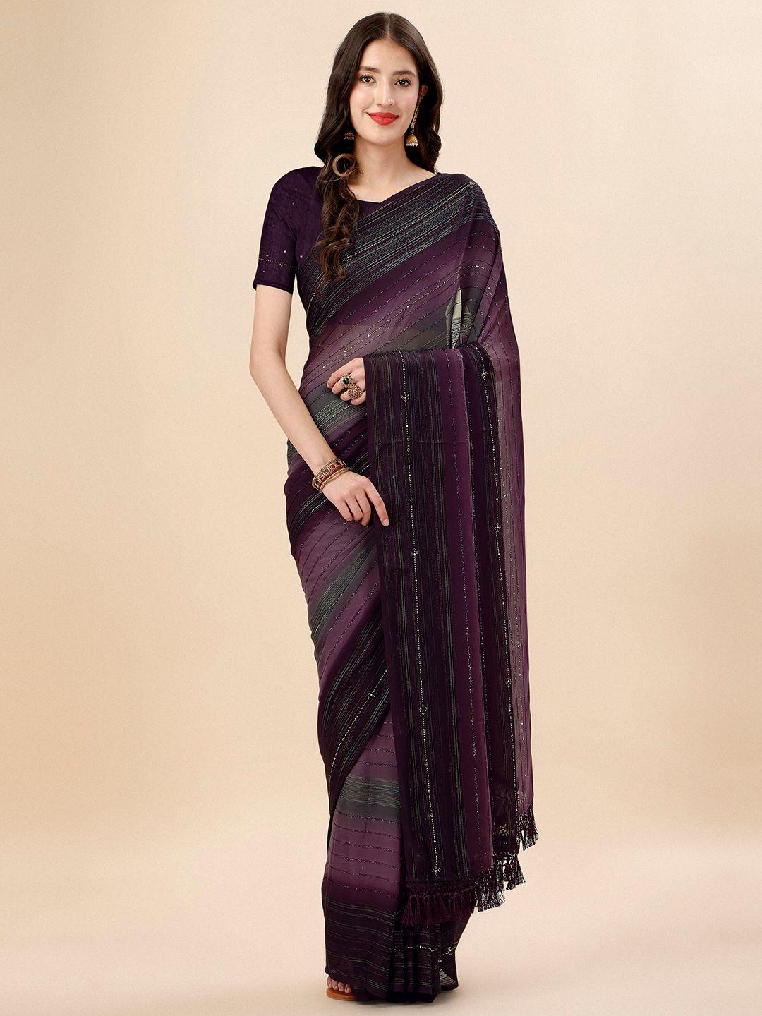 mitera magenta & black striped beads & stone work pure georgette saree