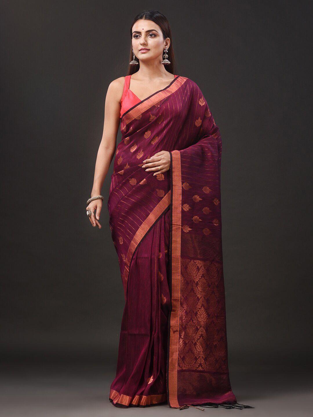 mitera magenta & copper-toned ethnic motifs zari pure linen handloom saree