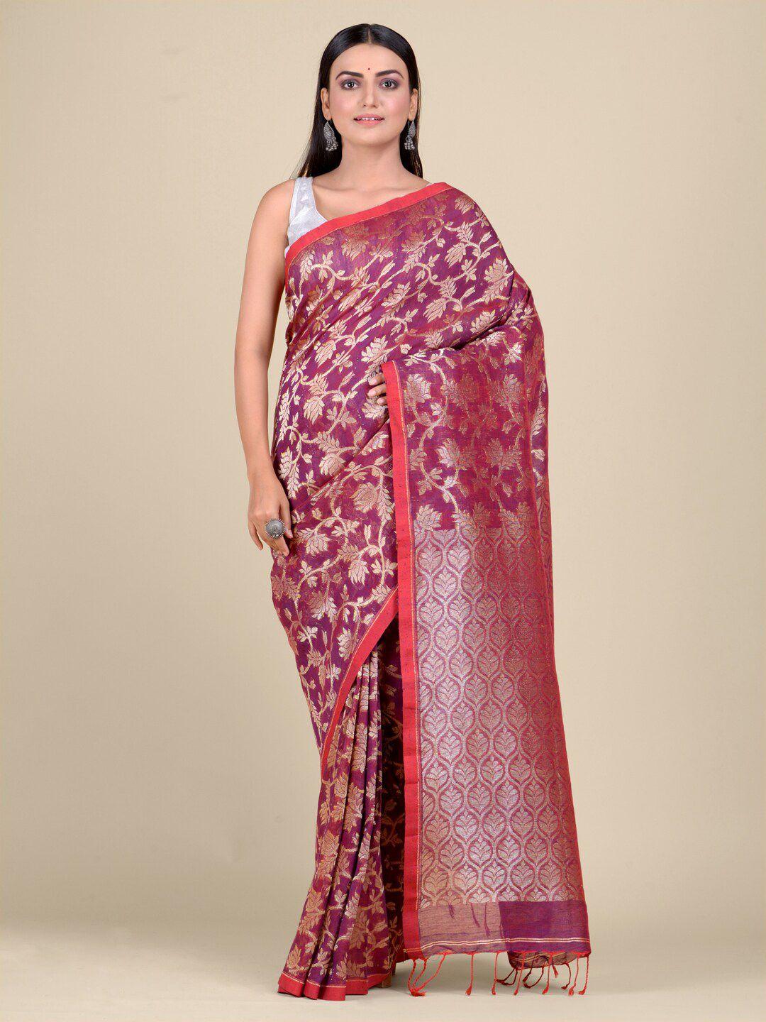 mitera magenta & gold-coloured floral hand woven design pure linen saree