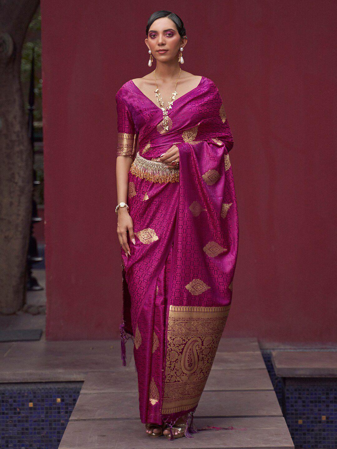 mitera magenta & gold-toned bagh pure silk banarasi saree