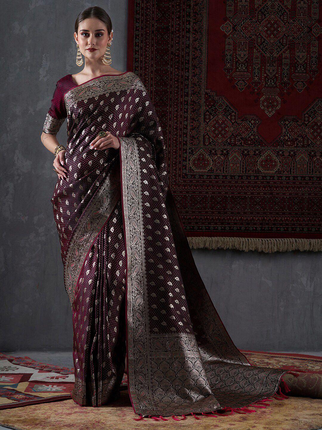 mitera magenta & gold-toned ethnic motifs woven design zari satin banarasi saree