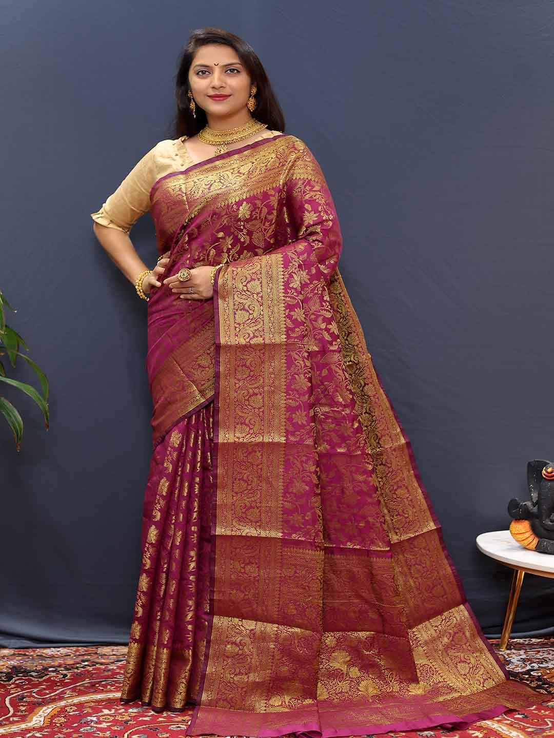 mitera magenta & gold toned floral zari art silk saree