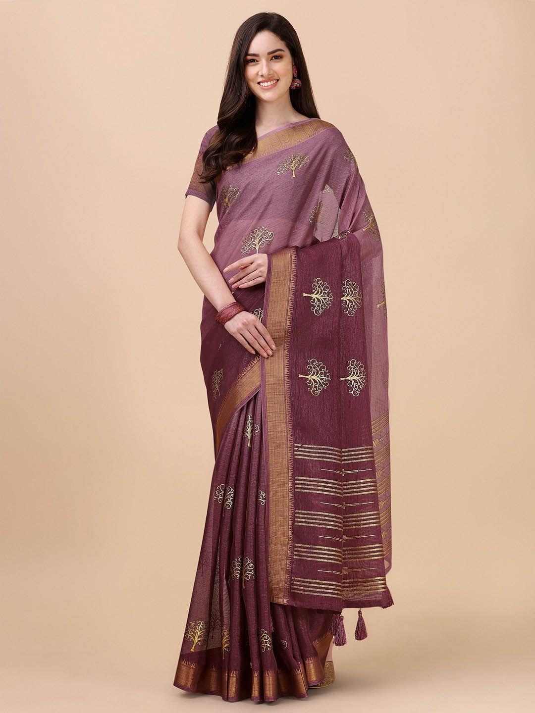 mitera magenta & gold-toned floral zari pure silk saree