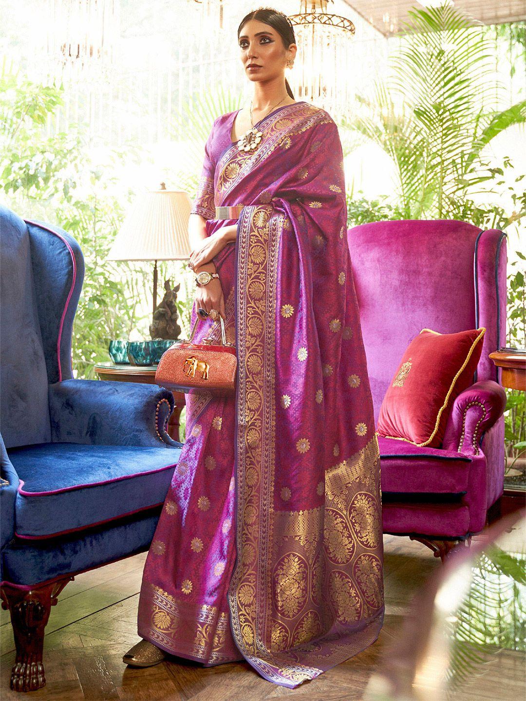 mitera magenta & gold-toned floral zari silk blend banarasi saree