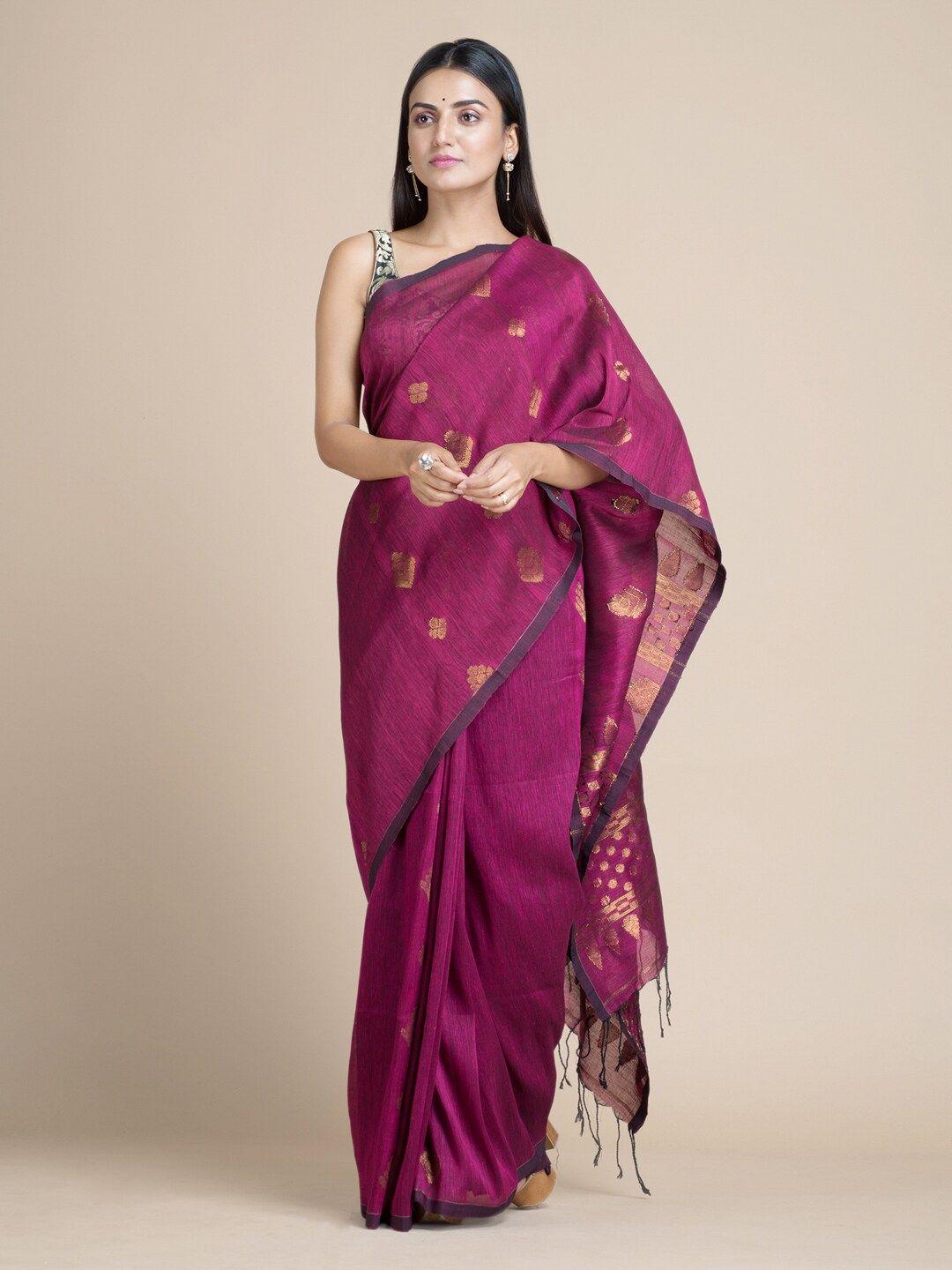 mitera magenta & golded ethnic motifs linen blend saree