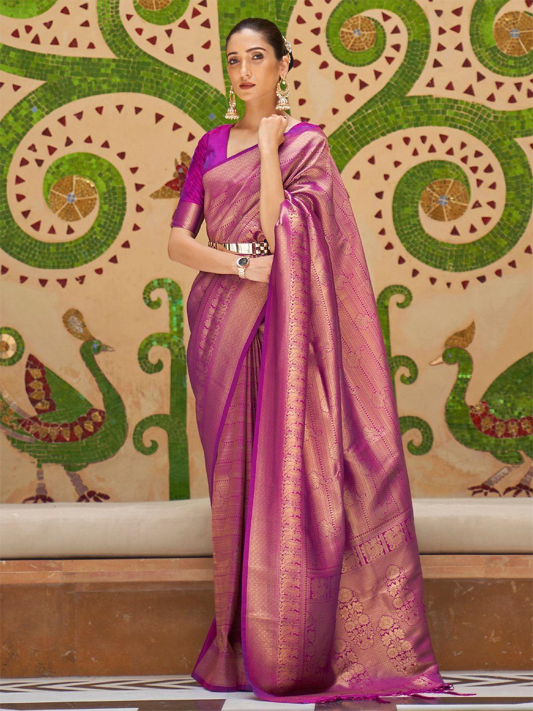 mitera magenta & golden ethnic motifs zari silk blend banarasi saree