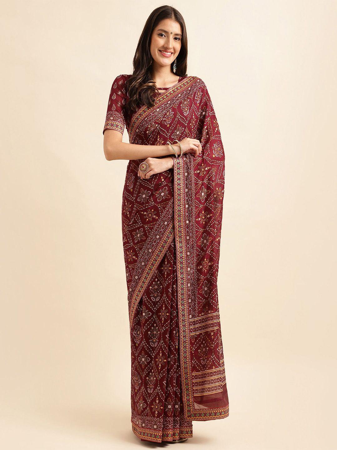 mitera magenta & green bandhani printed pure silk saree