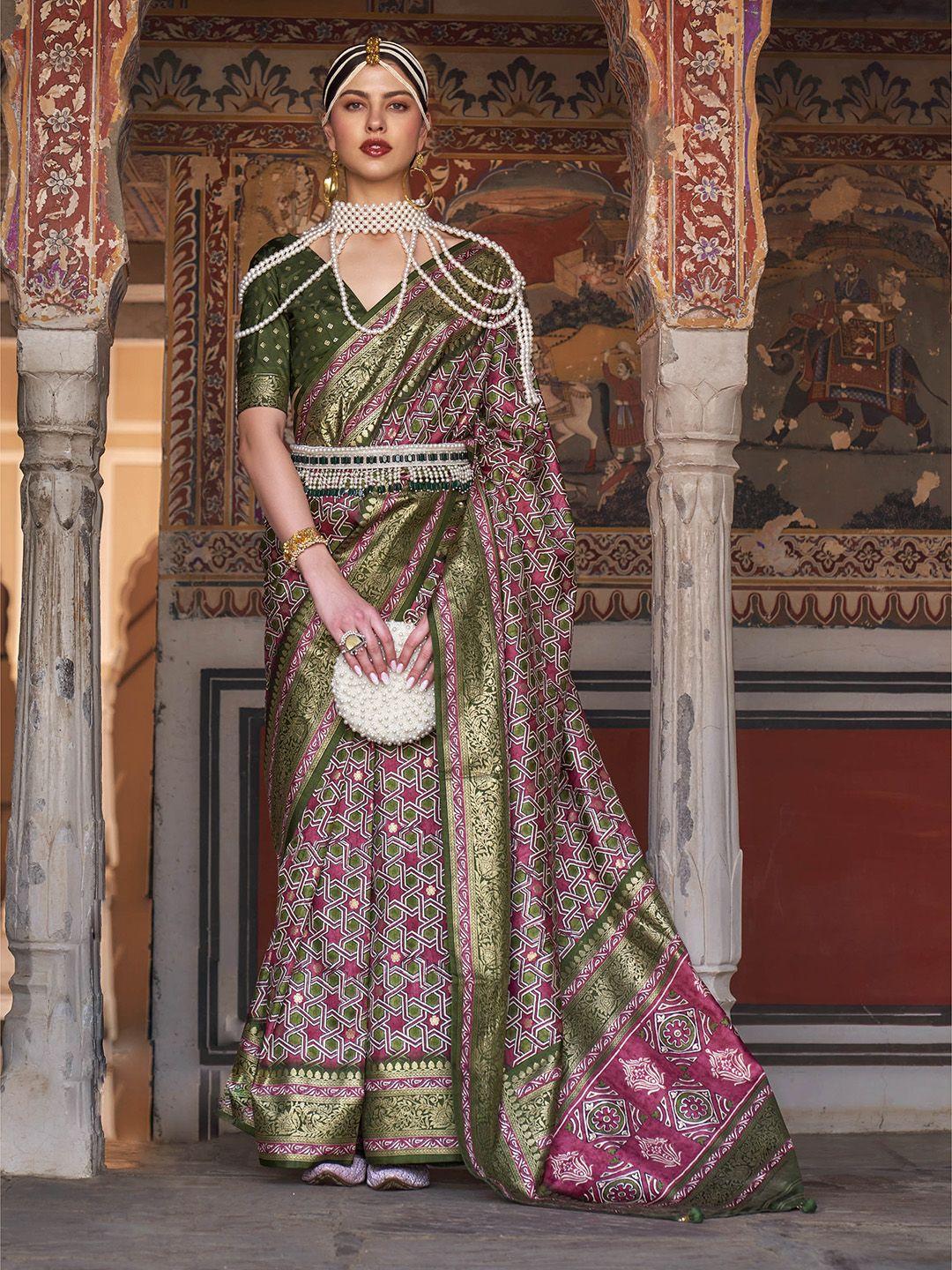 mitera magenta & green geometric printed zari silk blend patola saree