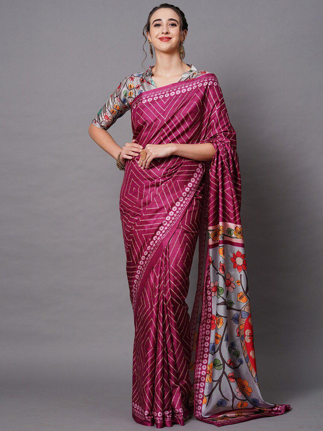 mitera magenta & grey silk blend geometric printed saree