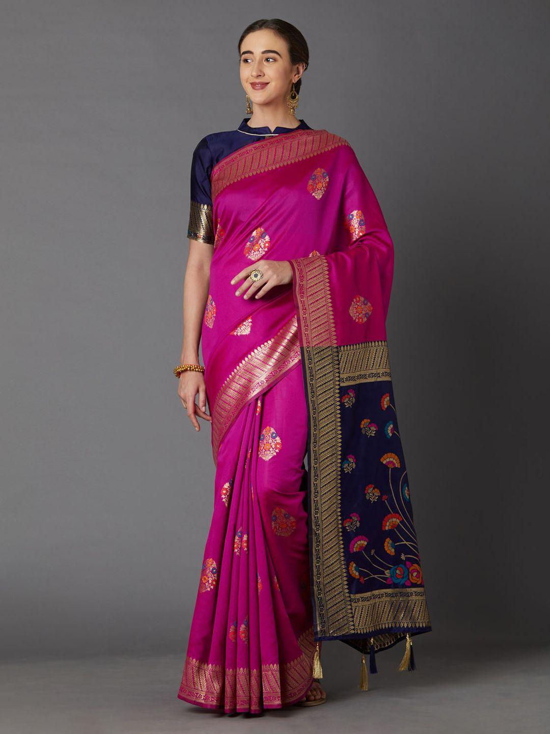 mitera magenta & navy blue silk blend woven design kanjeevaram saree