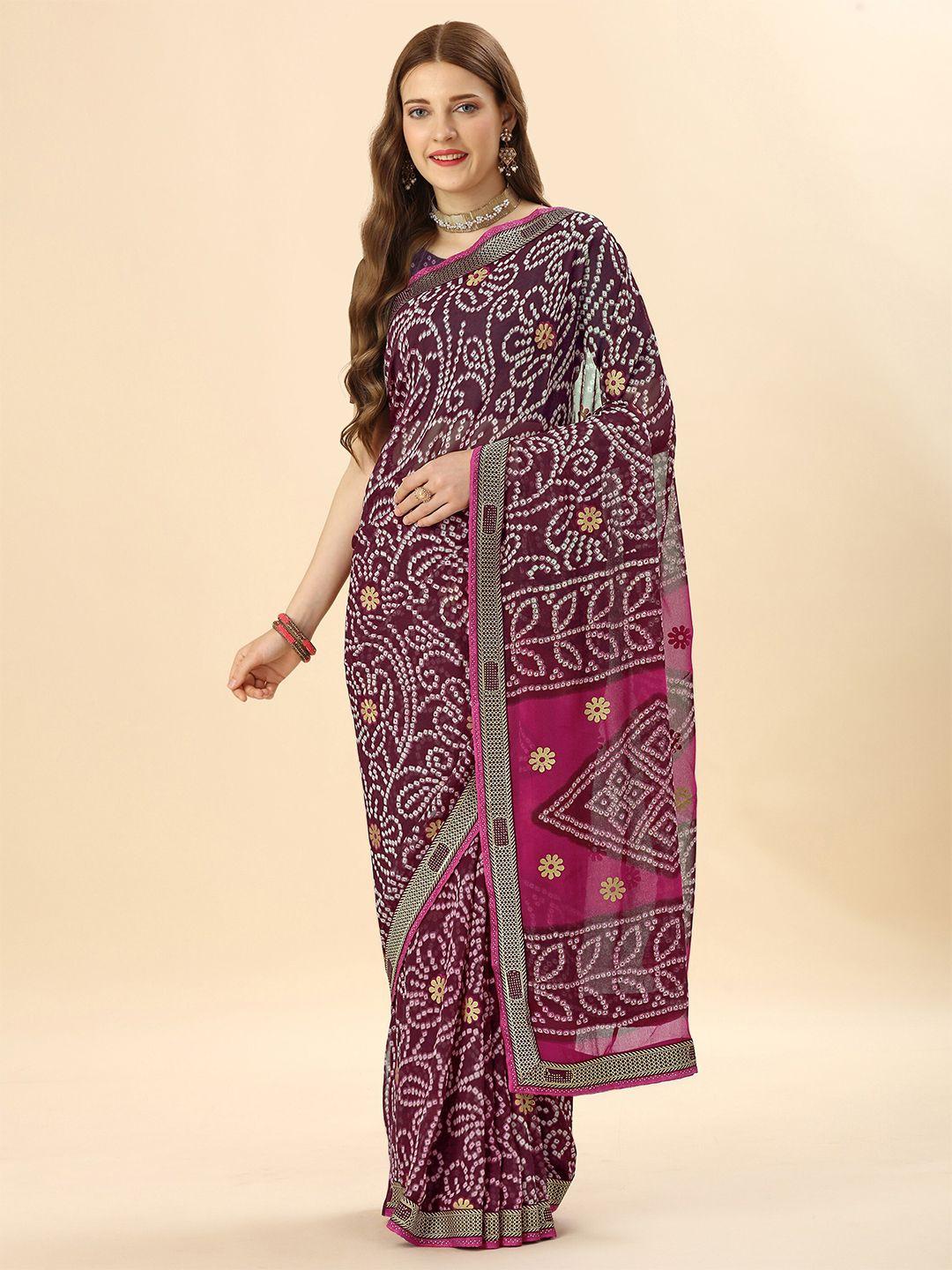 mitera magenta & purple bandhani printed pure georgette saree