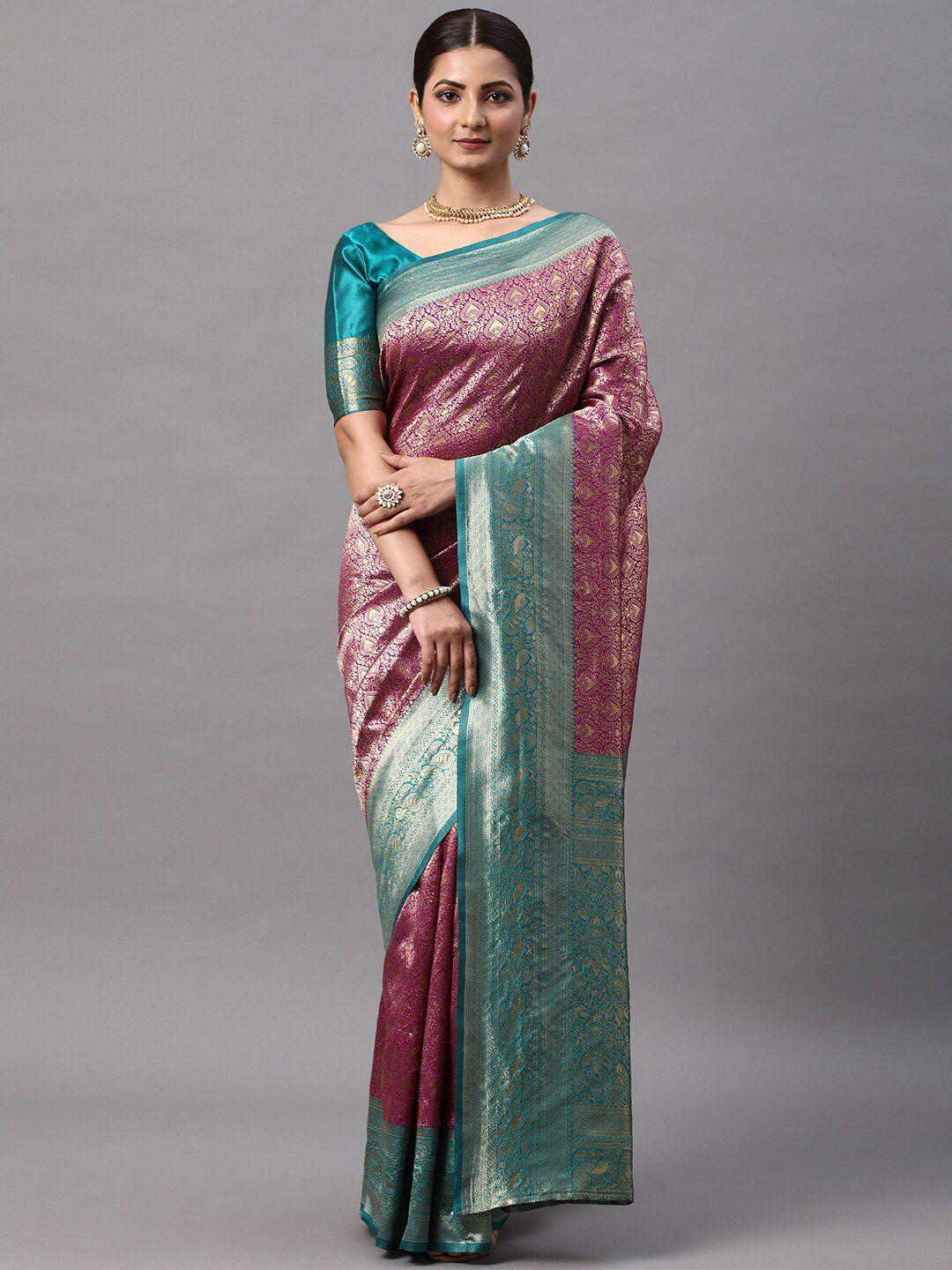 mitera magenta & sea green ethnic motifs woven design zari kanjeevaram saree