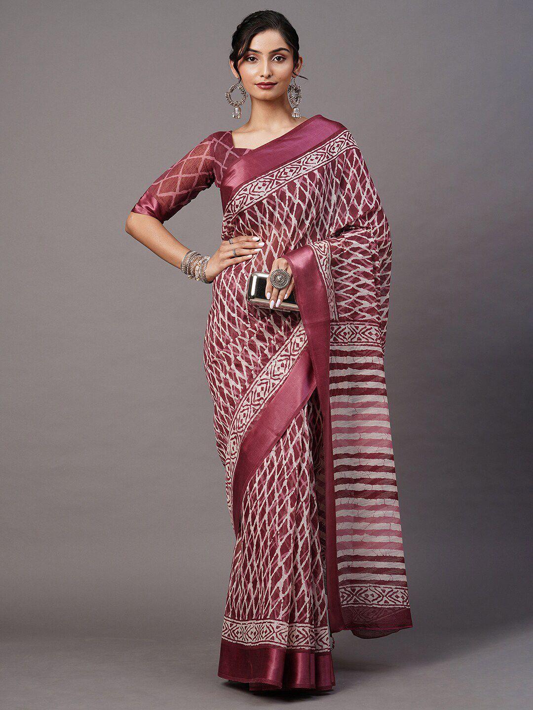 mitera magenta & white printed ikat saree