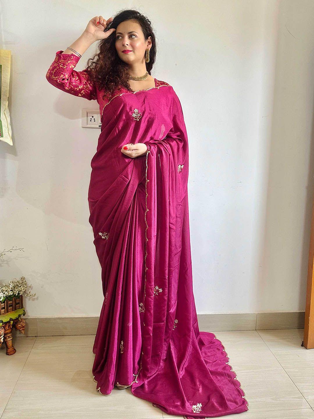 mitera magenta floral embroidered beads & stones saree