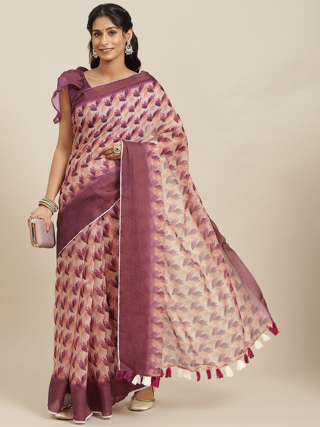 mitera magenta floral linen blend block print saree