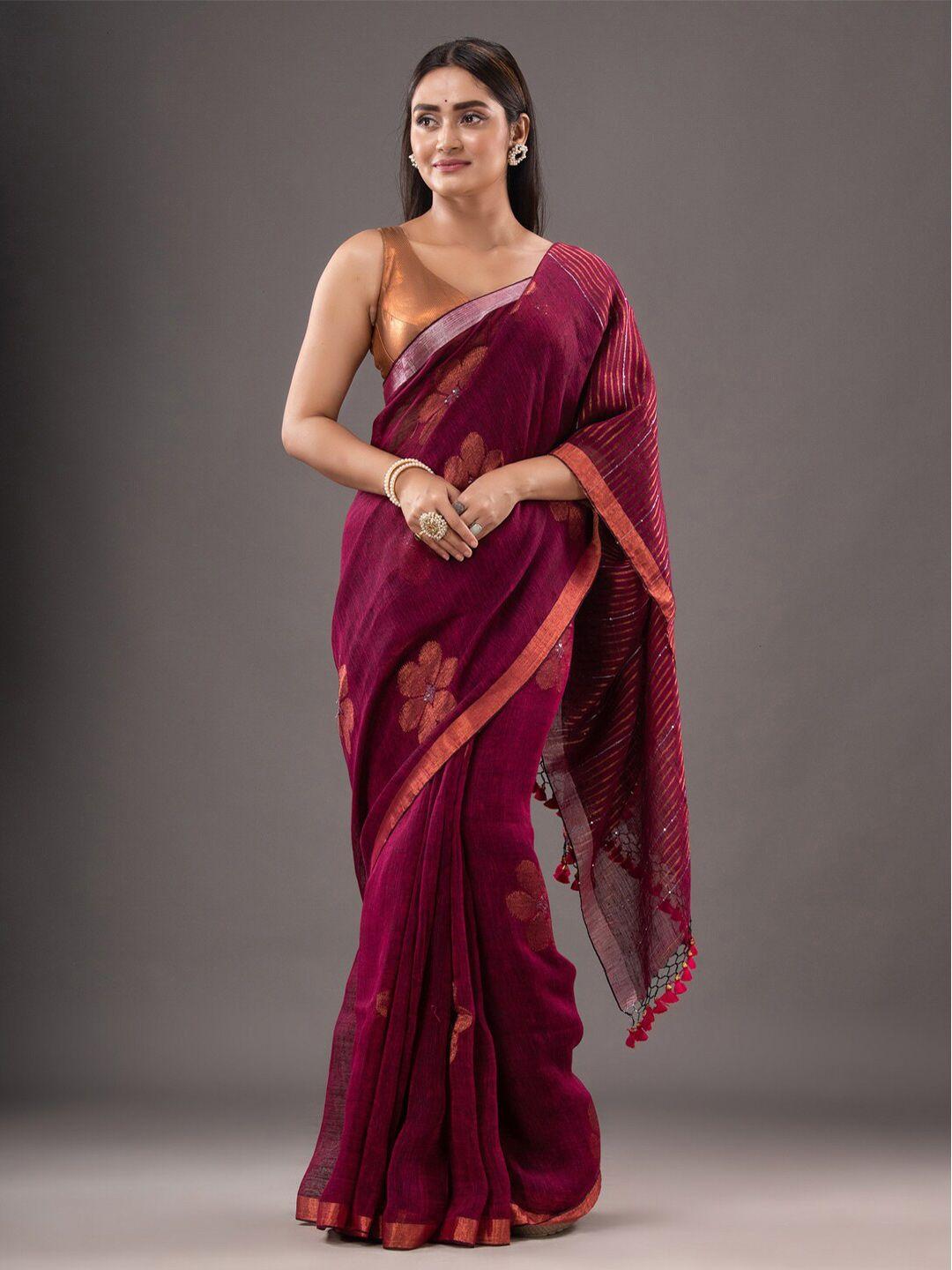 mitera magenta floral woven design zari pure linen saree