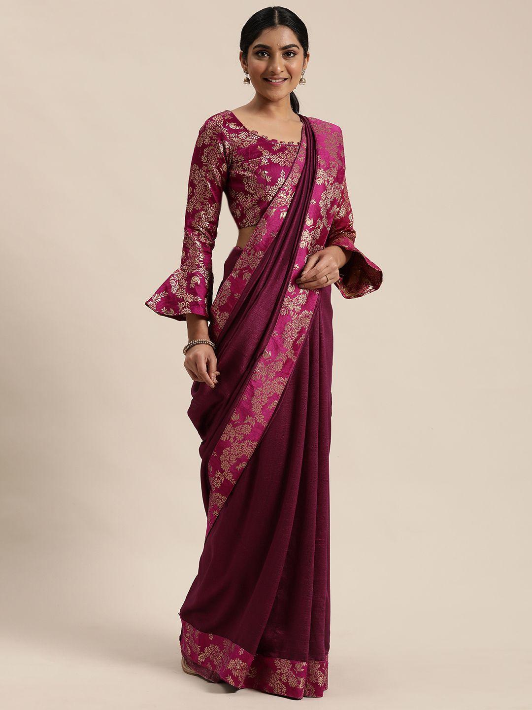 mitera magenta pink & gold-toned silk blend solid saree