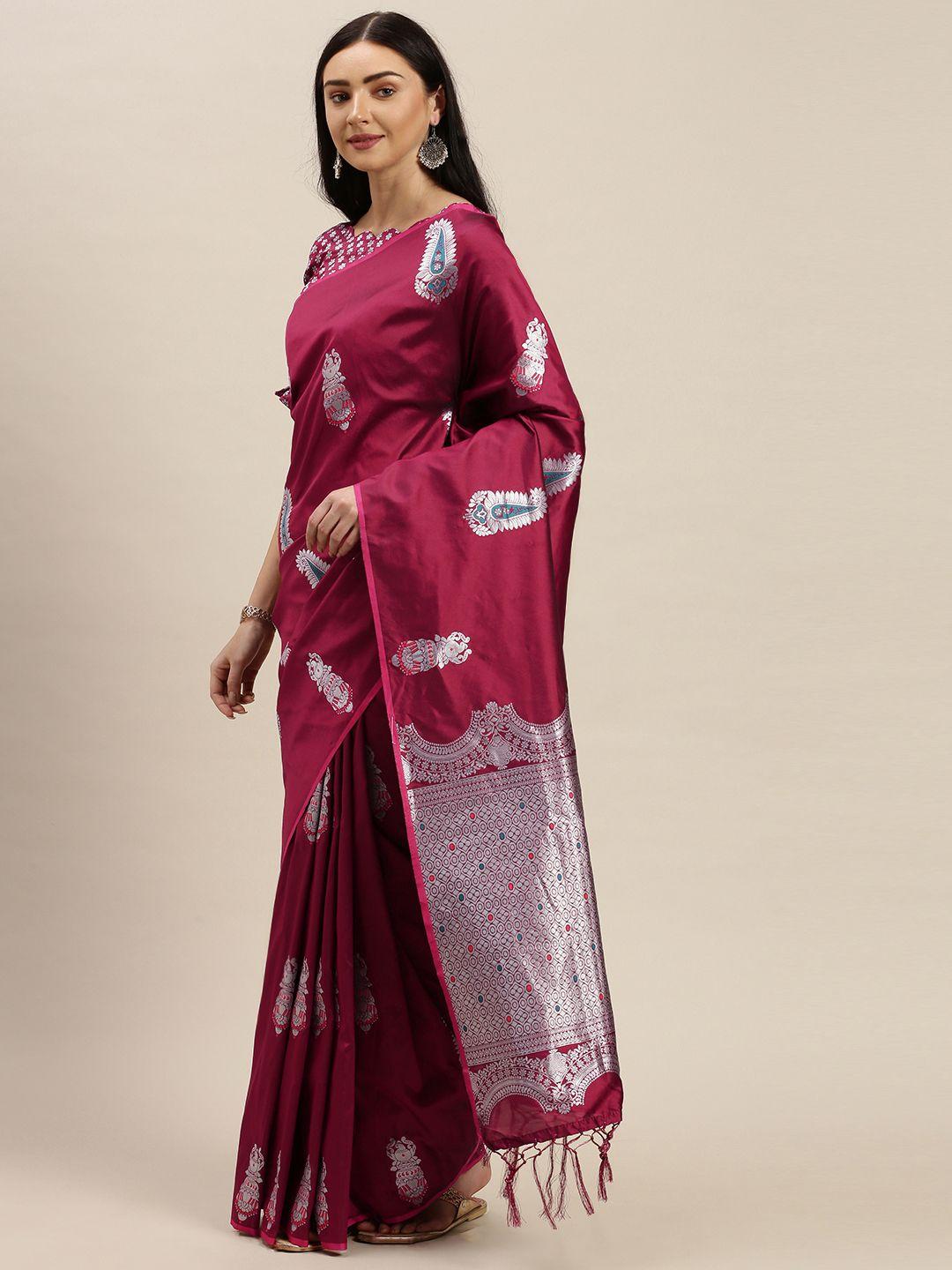 mitera magenta pink & silver-toned silk cotton woven design banarasi saree