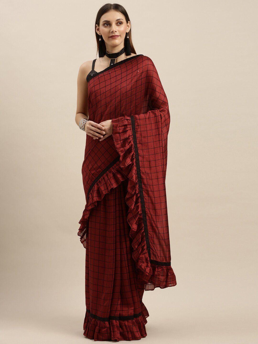 mitera maroon & black checked sequinned poly georgette saree