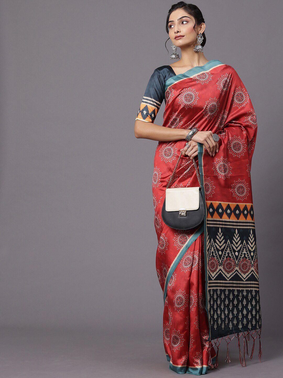 mitera maroon & blue ethnic motifs silk blend block prints saree