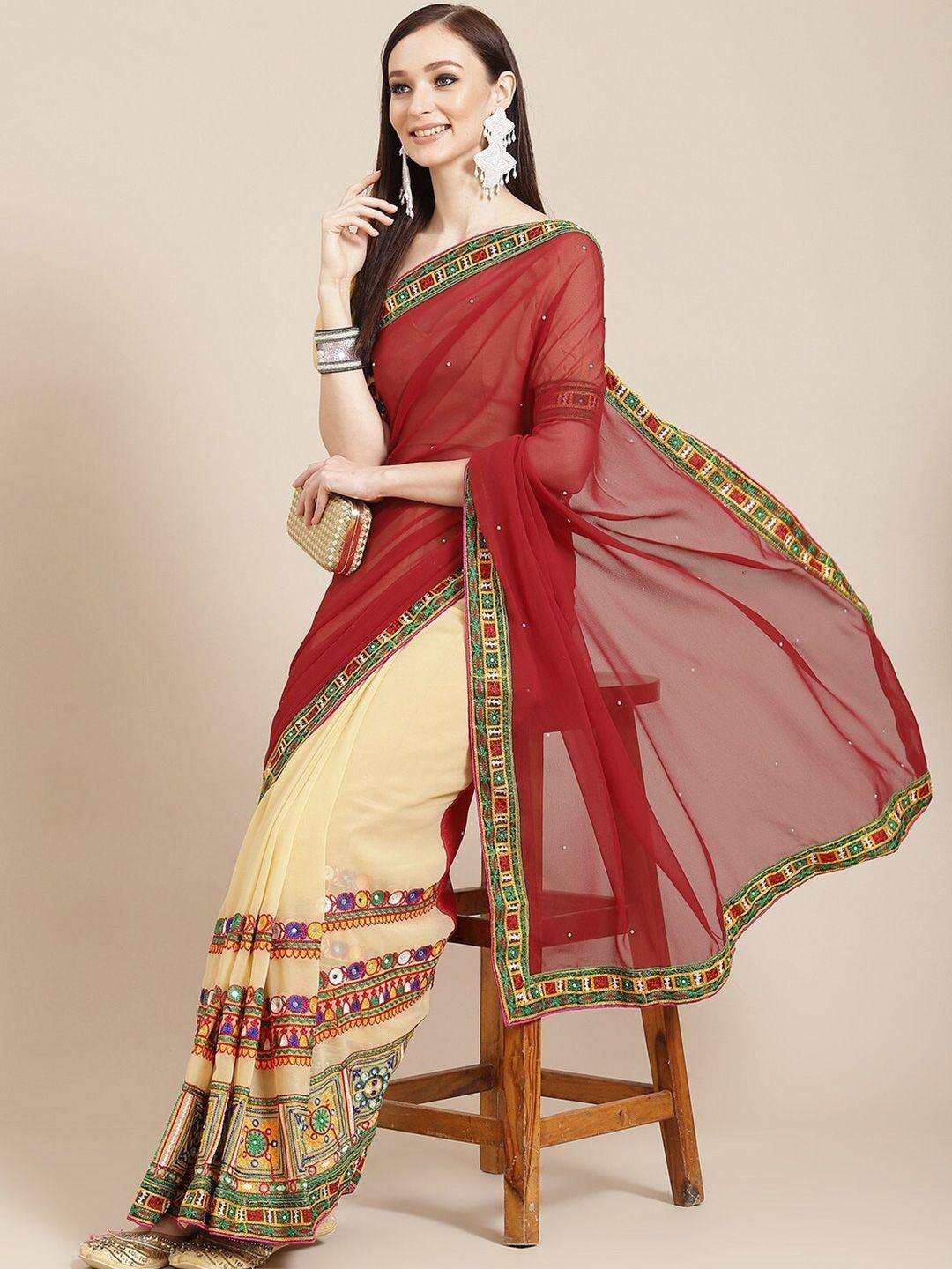 mitera maroon & cream-coloured embellished embroidered pure georgette half and half saree