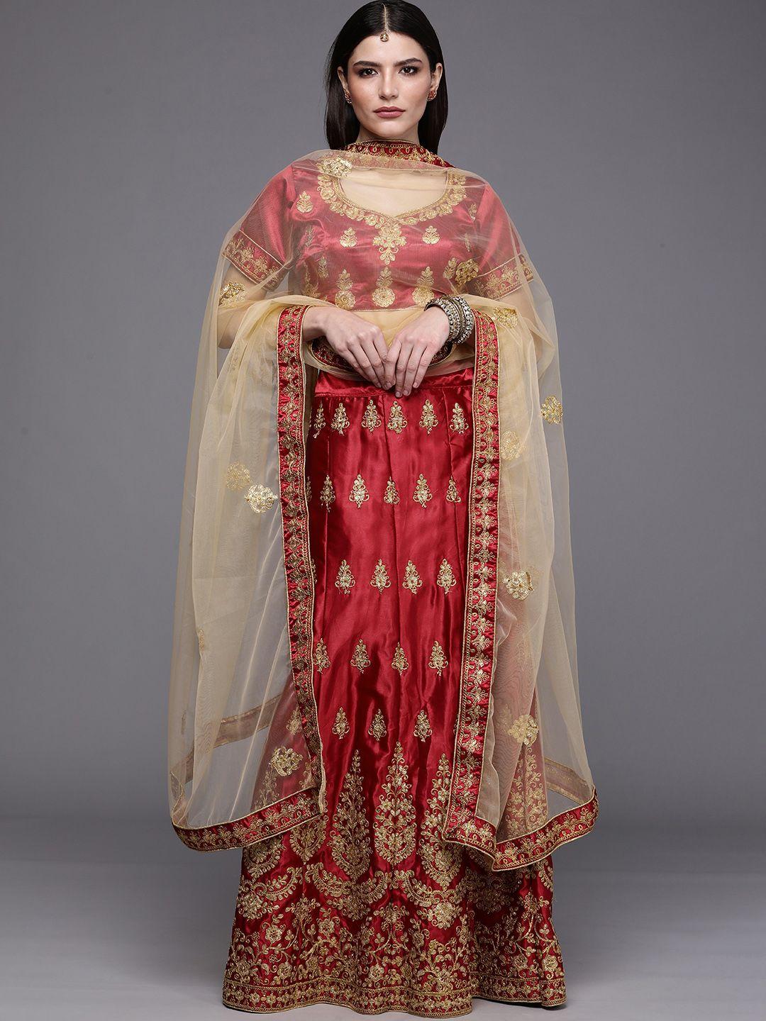 mitera maroon & cream-coloured embroidered semi-stitched lehenga & unstitched blouse with dupatta